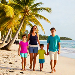 Caribbean Holidays, October Family Holidays, A happy family walking along a palm-fringed Saint Lucian beach in October sunshine