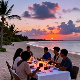 Caribbean Holidays, October Family Holidays, A relaxed family dinner outdoors near the beach in Turks and Caicos during a colourful October sunset