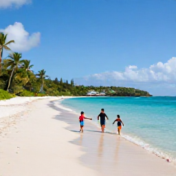 Caribbean Holidays, October Family Holidays, A sunny family scene on a quiet British Virgin Islands beach in October, turquoise water, soft sand, palm trees and children paddling near the shore