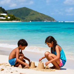 Caribbean Holidays, October Family Holidays, Children building sandcastles beside clear turquoise water on a Saint Lucia beach, with green hills in the background
