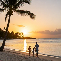 Caribbean Holidays, October Family Holidays, Family enjoying a warm Caribbean sunset from a sandy beach, calm sea, silhouettes of palm trees and children holding hands with parents