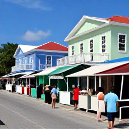 Caribbean Holidays, October Family Holidays, Family exploring a colourful Caribbean town in October, local market stalls, friendly island culture, pastel buildings and children enjoying an interesting day out