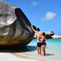 Caribbean Holidays, October Family Holidays, Family exploring the giant granite boulders and natural pools at The Baths on Virgin Gorda, bright Caribbean daylight and clear blue sea