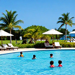 Caribbean Holidays, October Family Holidays, Family relaxing beside a Caribbean resort swimming pool, children playing safely, parents under a shaded parasol, tropical gardens and clear blue sky
