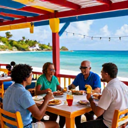 Caribbean Holidays, October Family Holidays, Family sharing a relaxed outdoor meal at a colourful Saint Lucian restaurant near the sea