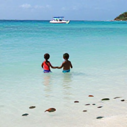 Caribbean Holidays, October Family Holidays, Family snorkelling in clear shallow water beside a British Virgin Islands beach, colourful fish, gentle waves and a small boat offshore
