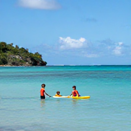 Caribbean Holidays, October Family Holidays, Family swimming and paddling in calm turquoise water at Magens Bay, St Thomas, United States Virgin Islands