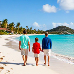 Caribbean Holidays, October Family Holidays, Happy family walking along a bright Caribbean beach in St Thomas, United States Virgin Islands, October sunshine