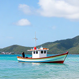 Caribbean Holidays, October Fishing, A colourful fishing boat anchored in calm turquoise water near the British Virgin Islands, with green hills and a bright October sky
