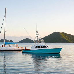 Caribbean Holidays, October Fishing, A colourful sport fishing boat leaving a marina in the United States Virgin Islands at sunrise, calm Caribbean water and green islands in the background
