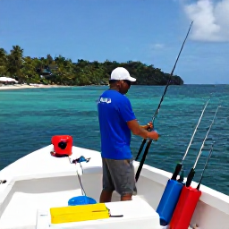 Caribbean Holidays, October Fishing, A local fishing guide preparing rods and tackle on a shaded boat in Dominica, with colourful equipment and tropical coastline behind