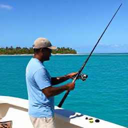 Caribbean Holidays, October Fishing, A local fishing guide preparing rods and tackle on a small boat off Tortola, with tropical islands in the background