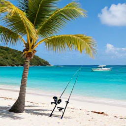 Caribbean Holidays, October Fishing, A peaceful British Virgin Islands beach with fishing gear beside a shaded palm tree and a boat offshore