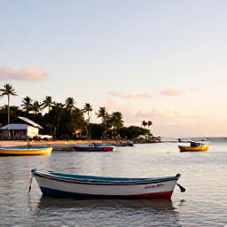 Caribbean Holidays, October Fishing, A relaxed Caribbean harbour and tropical coastline in Tobago, colourful boats, palm trees and warm afternoon light