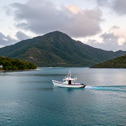 Caribbean Holidays, October Fishing, A small fishing boat heading out at dawn from a Caribbean island harbour, calm turquoise water and green mountains in the background