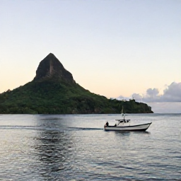 Caribbean Holidays, October Fishing, A small fishing boat leaving Roseau harbour at dawn, with Dominica&rsquo;s green volcanic coastline and calm Caribbean Sea in the background