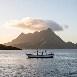 Caribbean Holidays, October Fishing, A small fishing boat on calm Caribbean water near Montserrat at sunrise, with the island&rsquo;s green volcanic coastline in the background