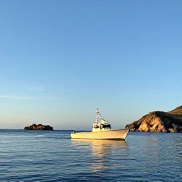 Caribbean Holidays, October Fishing, A small sport-fishing boat leaving Cura&ccedil;ao harbour at sunrise, calm Caribbean water, rugged coastline and clear blue sky
