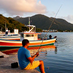 Caribbean Holidays, October Fishing, An angler relaxing beside the harbour after a fishing trip in Montserrat, with colourful boats, green hills and a warm Caribbean evening