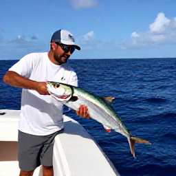 Caribbean Holidays, October Fishing, Angler bringing a powerful game fish alongside a charter boat in deep blue Caribbean water near Saint Barth&eacute;lemy