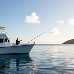 Caribbean Holidays, October Fishing, Angler casting from a sport-fishing boat into calm Caribbean water off Saint Martin and Sint Maarten in October, bright tropical morning