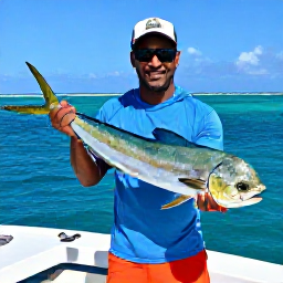Caribbean Holidays, October Fishing, Angler holding a freshly caught mahi-mahi beside a fishing boat off Cura&ccedil;ao, turquoise sea and sunny horizon