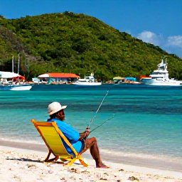 Caribbean Holidays, October Fishing, Angler relaxing after a fishing trip on a quiet Caribbean beach with a colourful harbour and lush hills behind