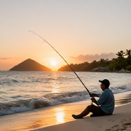 Caribbean Holidays, October Fishing, Angler relaxing beside a fishing rod at sunset on a quiet Caribbean beach in Saint Martin, gentle waves and distant island hills