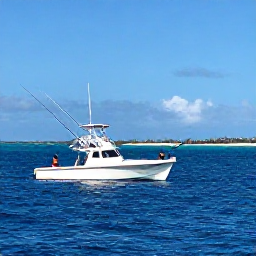 Caribbean Holidays, October Fishing, Anglers casting lines from a charter boat off Grand Turk, with deep blue water, distant sandy coastline and bright Caribbean skies