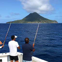 Caribbean Holidays, October Fishing, Anglers fishing from a boat in deep blue Caribbean water off Dominica, with rods out and the island&rsquo;s mountainous coast visible in the distance