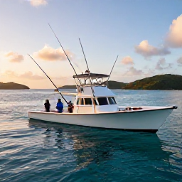 Caribbean Holidays, October Fishing, Anglers fishing from a charter boat at sunrise in the British Virgin Islands, with rods over clear blue Caribbean water