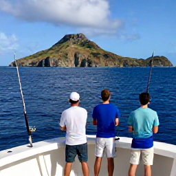 Caribbean Holidays, October Fishing, Anglers on a well-equipped charter boat catching fish in deep blue Caribbean water near the Virgin Islands, with rods, reels and a dramatic island coastline