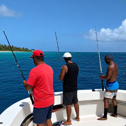 Caribbean Holidays, October Fishing, Anglers preparing rods and tackle aboard a comfortable charter boat off the coast of Montserrat, with deep blue sea and tropical sunshine