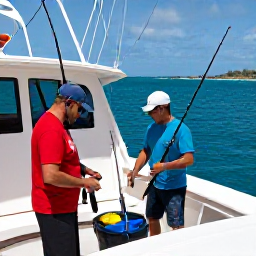 Caribbean Holidays, October Fishing, Anglers preparing rods and tackle on a professional charter boat in Gustavia harbour, Saint Barth&eacute;lemy