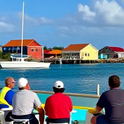 Caribbean Holidays, October Fishing, Anglers relaxing at a Cura&ccedil;ao waterfront restaurant after a fishing trip, colourful buildings and moored boats