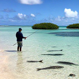 Caribbean Holidays, October Fishing, Fly fisherman wading in shallow crystal-clear flats near Providenciales, with bonefish habitat, mangroves and a peaceful island landscape