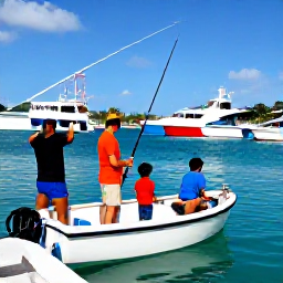 Caribbean Holidays, October Fishing, Friendly fishing charter crew helping a family prepare rods on a sunny harbour in Saint Martin, colourful boats and calm turquoise water