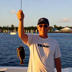 Caribbean Holidays, October Fishing, Friendly fishing guide and holidaymakers returning to a marina in the Turks and Caicos Islands, tackle and a small catch aboard, warm evening light