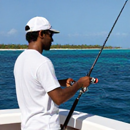 Caribbean Holidays, October Fishing, Friendly fishing guide preparing rods and tackle on a Caribbean charter boat, tropical coastline in the background