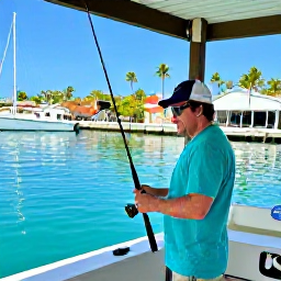 Caribbean Holidays, October Fishing, Friendly fishing guide preparing rods and tackle on a shaded Cura&ccedil;ao marina, boats and palm trees in the background