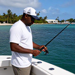 Caribbean Holidays, October Fishing, Friendly local fishing guide helping visitors prepare tackle on a charter boat in St Thomas, with tropical sea and harbour scenery