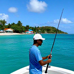 Caribbean Holidays, October Fishing, Friendly local fishing guide preparing rods on a boat beside the colourful coastline of Saint Vincent and the Grenadines