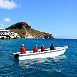 Caribbean Holidays, October Fishing, Sport-fishing boat with anglers catching mahi-mahi in the deep blue Atlantic near Sint Maarten, clear skies and rugged island coastline in the background