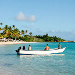 Caribbean Holidays, October Fishing, Travellers enjoying a calm October afternoon beside a fishing boat, with turquoise water, a sandy Caribbean beach and palm trees in the United States Virgin Islands