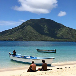 Caribbean Holidays, October Fishing, Travellers relaxing beside a fishing boat after a successful trip, enjoying Dominica&rsquo;s tropical west coast and mountain scenery