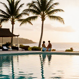Caribbean Holidays, October Getaways, Adults-only couple relaxing beside a calm Caribbean swimming pool in Saint Martin during October, palm trees and warm sunlight