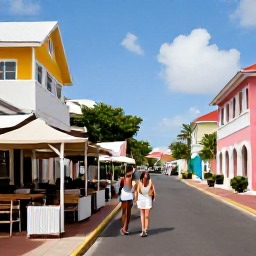 Caribbean Holidays, October Getaways, Couple exploring a colourful street in Marigot, Saint Martin, with caf&eacute;s, small shops and Caribbean architecture under bright October skies