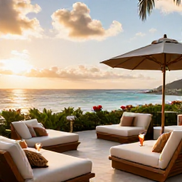 Caribbean Holidays, October Getaways, Elegant adults-only resort terrace overlooking the Caribbean Sea in Sint Maarten at sunset, cocktails and comfortable loungers