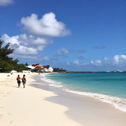 Caribbean Holidays, October Getaways, Secluded white sand beach near Orient Bay in Saint Martin, turquoise water, light clouds and a couple walking along the shore in October