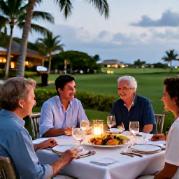 Caribbean Holidays, October Golf Holidays, A relaxed outdoor dinner at a Barbados restaurant, with local food, soft evening light and a tropical setting